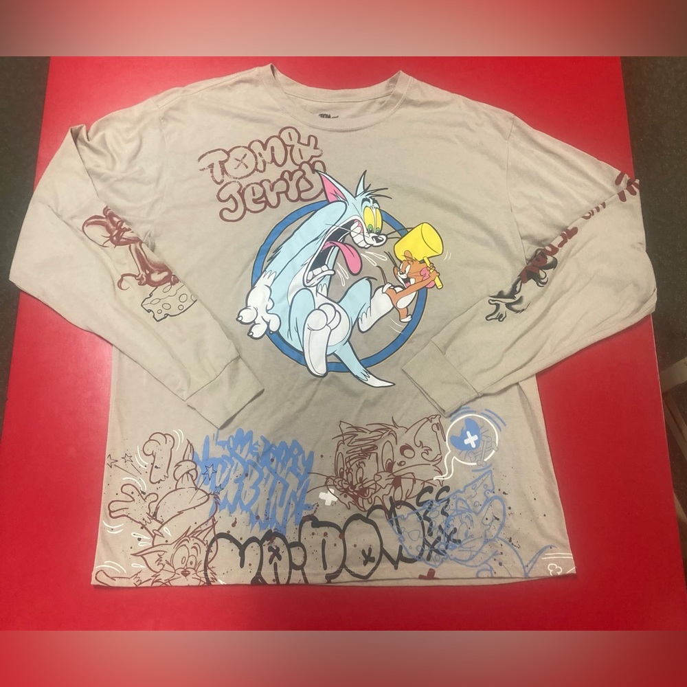 2021 Tom and Jerry Cartoon All Over Print Tan Long Sleeve Shirt Size 2XL